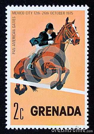 Unused postage stamp Grenada 1975, Horse Show Jumping sport Editorial Stock Photo