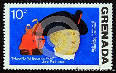Unused postage stamp Grenada 1975, John Paul Jones Editorial Stock Photo