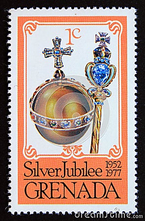 Unused postage stamp Grenada 1977, Orb and sceptre royalty jewelry Editorial Stock Photo