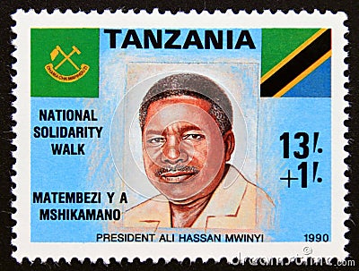 Unused postage stamp Tanzania 1990, Ali Hassan Mwinyi, President Editorial Stock Photo