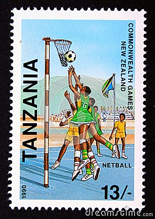 Unused postage stamp Tanzania 1990, Commonwealth Games netball Editorial Stock Photo