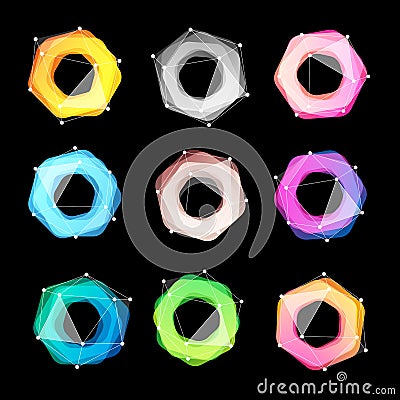 Unusual abstract geometric shapes vector logo set. Circular, polygonal colorful logotypes collection on the black Vector Illustration