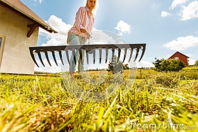 Unusual angle of woman raking leaves Stock Photo