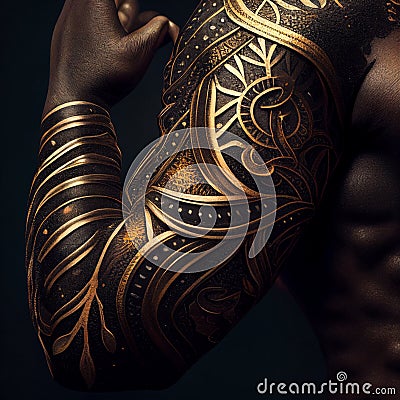 Unusual beautiful golden tattoo on a dark-skinned strong male hand close-up, for advertising tattoo parlors Stock Photo