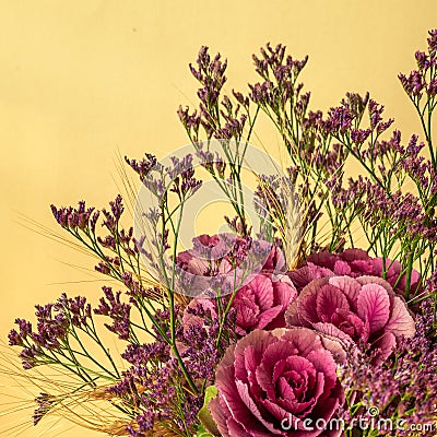 Unusual bouquet of brassica Crane Red- ornamental cabbage and limonium Stock Photo