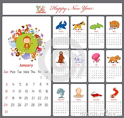 Unusual Calendar For 2016 With Cartoon And Funny Animals Stock Vector ...