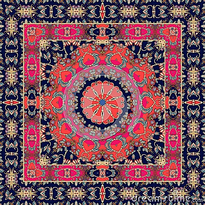 Unusual carpet with ornamental border. Tablecloth. Shawl. Bandana Stock Photo