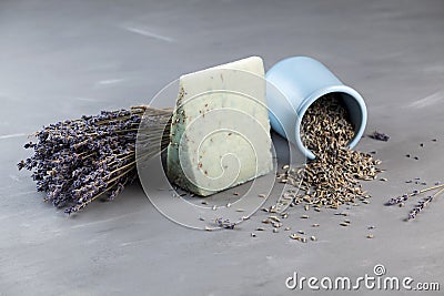 Unusual cheese with the addition of lavender flowers on a gray background surrounded by constituent ingredients. Fashionable and Stock Photo