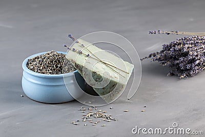 Unusual cheese with lavender flavor and aroma on a gray background surrounded by constituent ingredients. Fashionable and non- Stock Photo