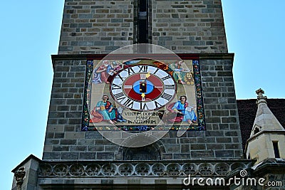 Unusual clock on the tower of the Black Church in Brasov, Romania Stock Photo