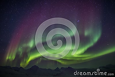 Unusual colorful Northern Lights - Arctic winter landscape Stock Photo