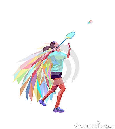 Unusual colorful triangle athlete. Geometric polygonal professional female badminton player Vector Illustration