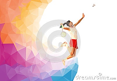 Unusual colorful triangle background: Geometric polygonal professional badminton female player, jumping smash. Vector illustration Vector Illustration