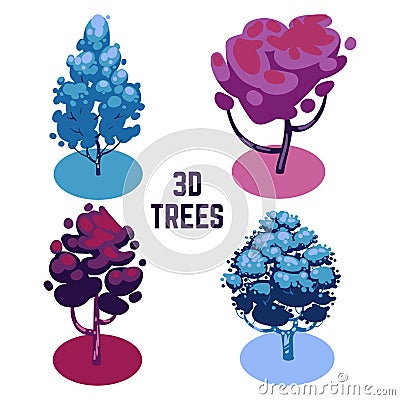 Unusual colors trees collection - trees isolated on white Vector Illustration