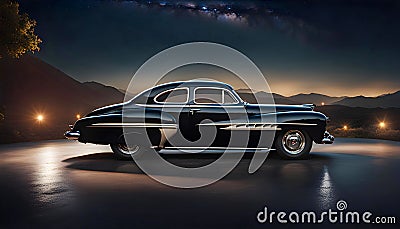 Unusual concept car of the future, 3D illustration with empty concrete floor under open night starry sky Cartoon Illustration