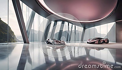 Unusual concept car of the future, 3D illustration with empty concrete floor under open night starry sky Cartoon Illustration