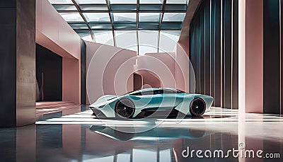 Unusual concept car of the future, 3D illustration with empty concrete floor under open night starry sky Cartoon Illustration