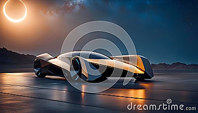 Unusual concept car of the future, 3D illustration with empty concrete floor under open night starry sky Cartoon Illustration