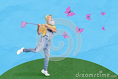 Unusual creative collage photo concept of mature man feel young catching butterflies isolated on field nature painting Stock Photo