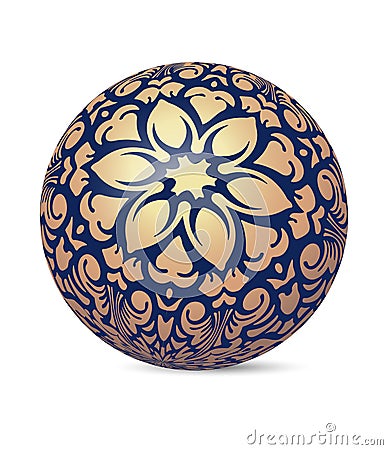 Unusual dark blue decorative glossy shine sphere ball with golden floral decor. Vector illustration for your design. Vector Illustration