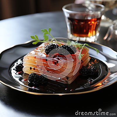 unusual dessert made from funchose with syrup and blackberries Stock Photo