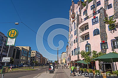 Unusual in forms and colors Green Citadel in historical downtown of Magdeburg at sunset, Germany, Summer 2016, at blue sky Editorial Stock Photo