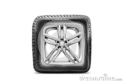 an unusual funny tire with alloy wheels white isolated square Stock Photo