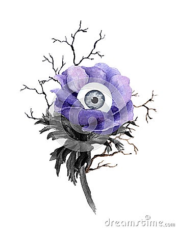 Unusual halloween design - weird flower with eye, branches. Watercolor Stock Photo