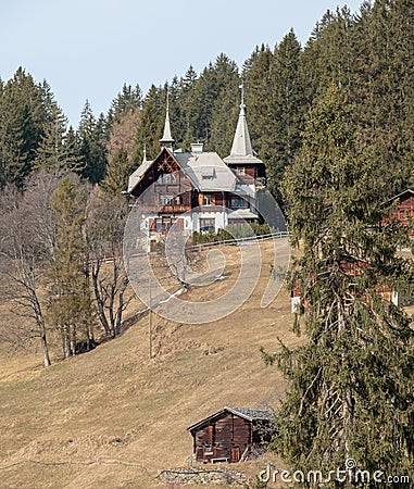 Unusual house in the Lauterbrunnen Valley, Switzerland, high up above the village of Wengen in the Swiss Alps. Editorial Stock Photo