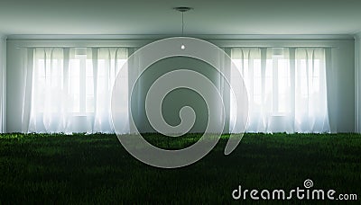 Unusual illustration of a large white room, with a lawn inside and a small light bulb Cartoon Illustration