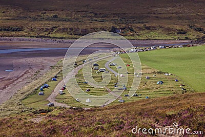 Unusual pattern of mown grass camping pitches in Glenbrittle campsite, Isle of Skye, Scotland, UK. Stock Photo
