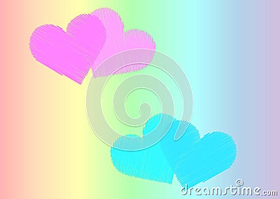 Pink and light blue pairs of hearts on the background of the color of the rainbow Vector Illustration