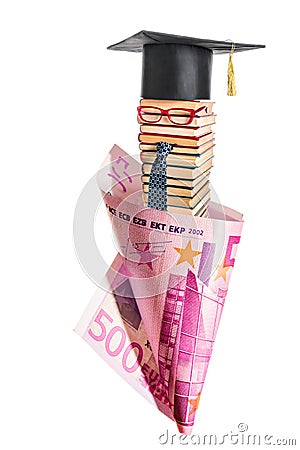 Unusual professor from books wrapped in five hundred euros Stock Photo