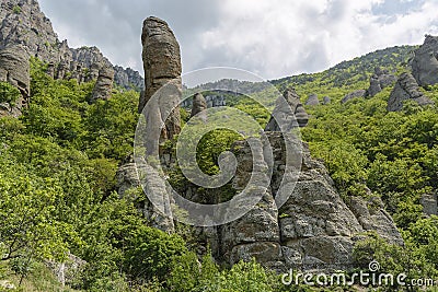 Unusual rocks in the Valley of Ghosts, Demerdzhi mountain, Crimea Stock Photo