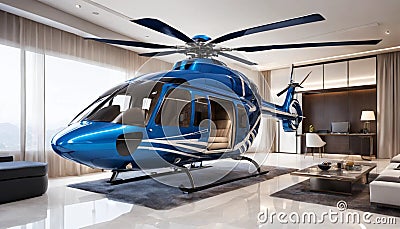 The unusual scene of a blue helicopter inside a luxury room is a spectacle of contrasts, Stock Photo