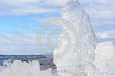 Unusual shapes and textures of ice crystals shallow dof with copy space. Arctic, winter and spring landscape Stock Photo