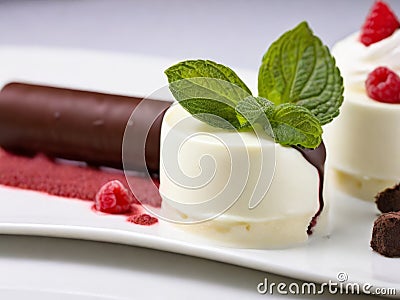 An unusual treat: white and dark chocolate cannelloni with delicate mascarpone mousse and raspberries Stock Photo