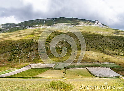 Unusual view featuring green and white. Rocky mountain and fields in the valley, Castelluccio di Norcia, in Umbria Stock Photo