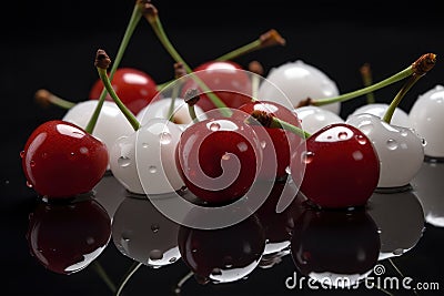 Unusual white and regular red cherries background. Generative AI Stock Photo
