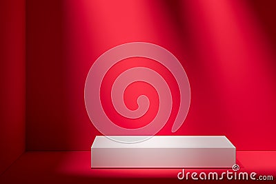 Unveiling Concept. First Run. Blank Foursquare Showcase with Empty Space On Pedestal. Red Background. 3d rendering. Stock Photo