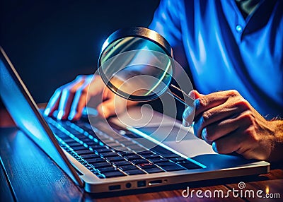Unveiling Digital Mysteries A LowLight Exploration of ProblemSolving with a Magnifying Glass and Laptop Keyboard Stock Photo