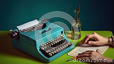 Unveiling Inspiration, A Mysterious Persona with a Glass of Wine and an Old Typewriter, Surrounded by a Captivating Two-Colored Stock Photo