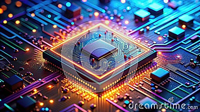 Unveiling the Intricate Defenses of a Futuristic Microchip A Glowing Macro Exploration of Advanced Cybersecurity Stock Photo