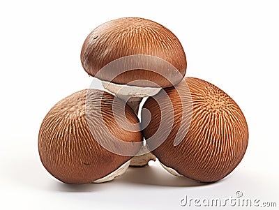 Unveiling the Magic: A Trio of Intricate Brown Mushrooms Isolated on White Stock Photo