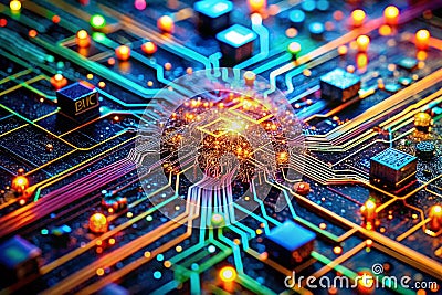 Unveiling the Minds Machine A Macro Exploration of AI Neural Networks and Advanced Circuits Stock Photo