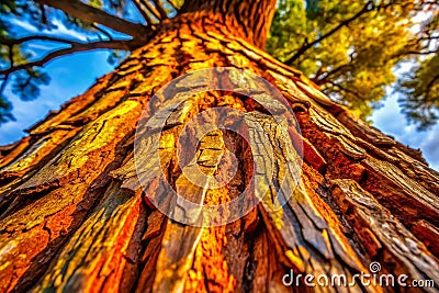 Unveiling the Secrets of Time A SunKissed CloseUp of Ancient Tree Barks Intricate Texture Stock Photo