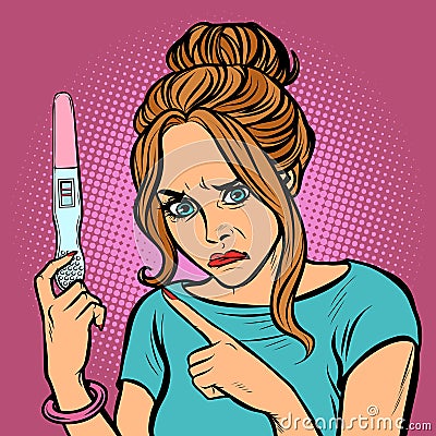 Unwanted pregnancy, anger misfortune reproach woman two strips test Vector Illustration