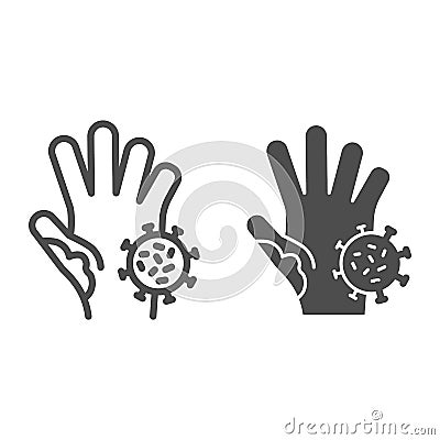 Unwashed hand with virus line and solid icon. Prevent coronavirus spread symbol, outline style pictogram on white Vector Illustration