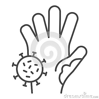 Unwashed hand with virus thin line icon. Prevent coronavirus spread symbol, outline style pictogram on white background Vector Illustration