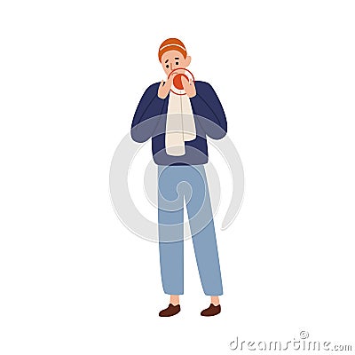 Unwell male suffering toothache vector flat illustration. Colorful man with painful face expression having tooth problem Vector Illustration